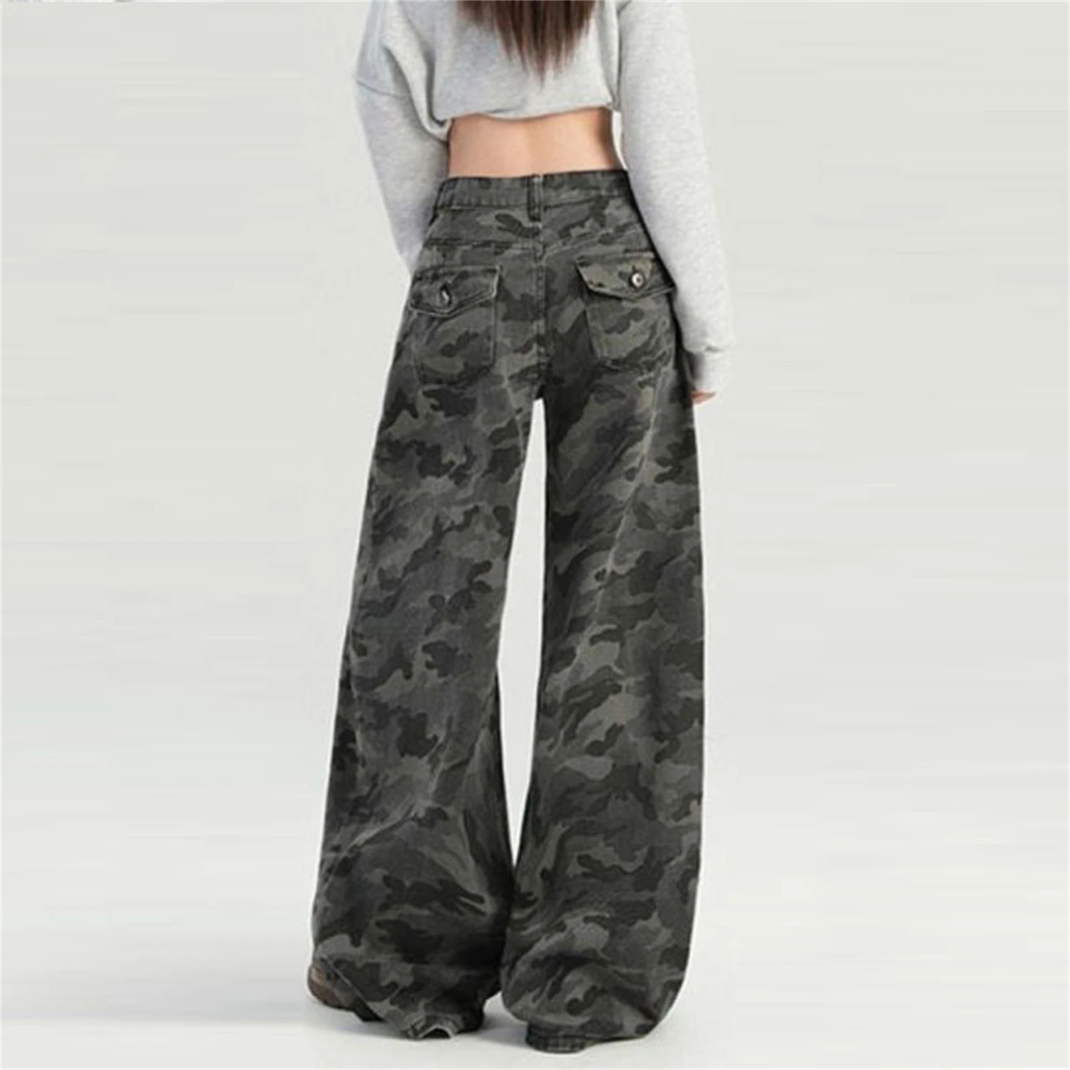 Y2K Women's Camouflage Print Jeans Fashionable Baggy Wide Leg Pants High Waist Loose Fit Streetwear Trousers