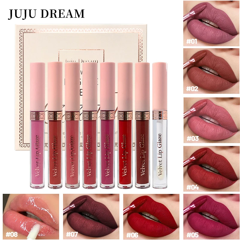 Juego de lápiz labial líquido mate, 7 colores, brillo de labios duradero e resistente al agua, esmalte de labios de taza antiadherente, tinte de labios mate de terciopelo