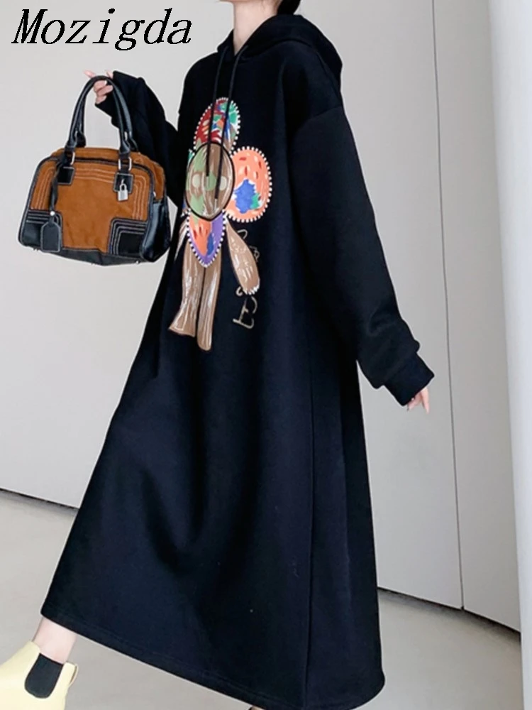 Autumn Winter Pius Size Cartoon Print Hoodies Dress Women Korean Loose Warm Dress Woman Ladies Dress Vestidos