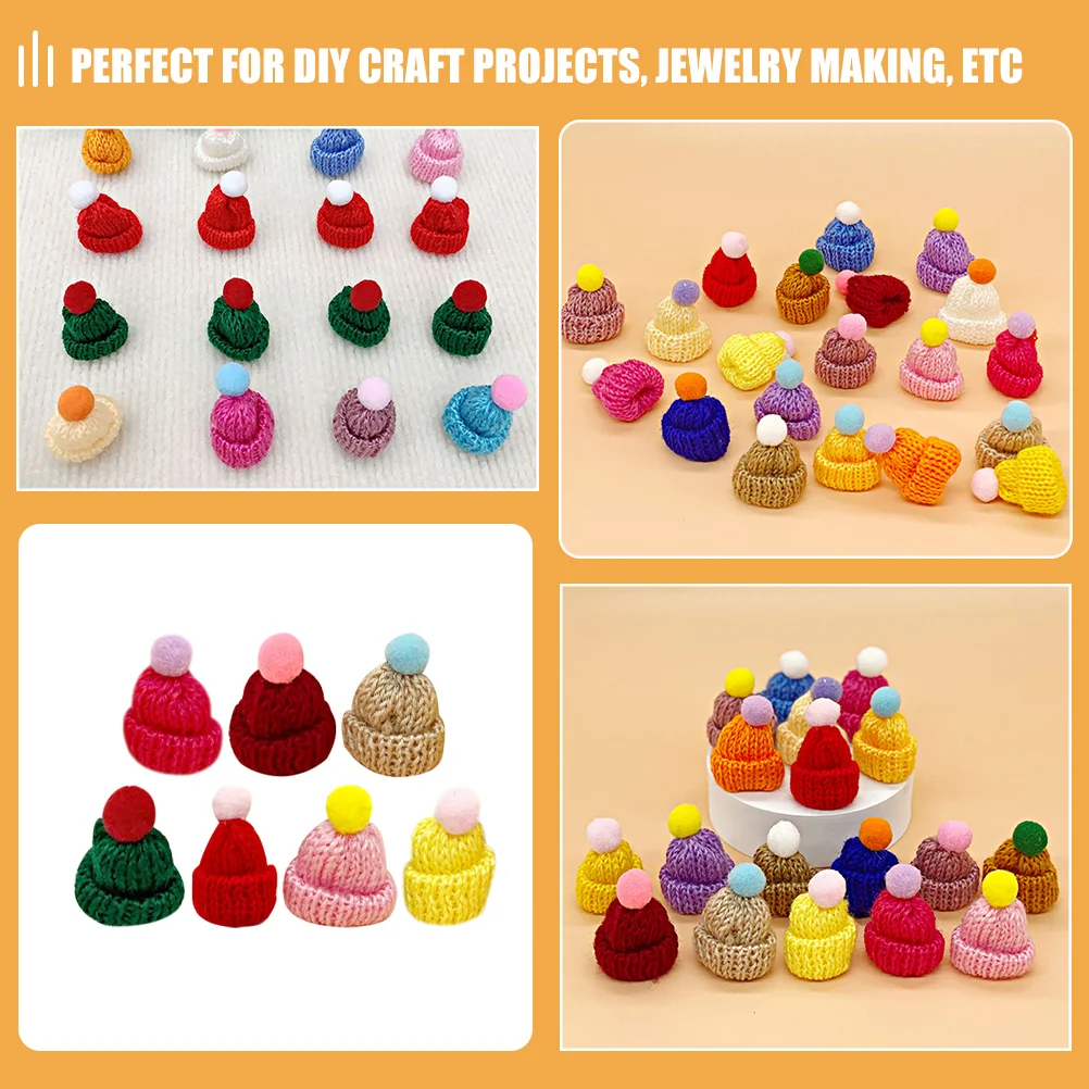 60 Pcs Mini Hat Christmas DIY Craft Ornaments Decorations Xmas Knit Hats Yarn Supplies