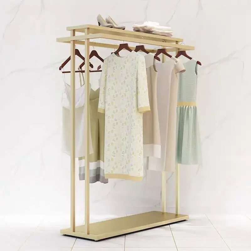 Clothing StoreClothing Store Double Row Middle Island Rack Parallel Bar Floor Hanger Display Rack Women's Clothing Store Golden