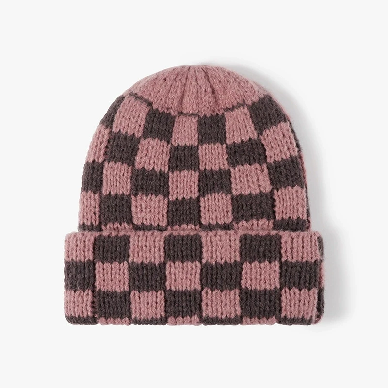 Schachbrett-Strickmütze, Herbst und Winter, koreanischer Stil, Nische, großer Kopfumfang, Wollmütze, japanischer Stil, Weihnachtsmütze – Detail 7