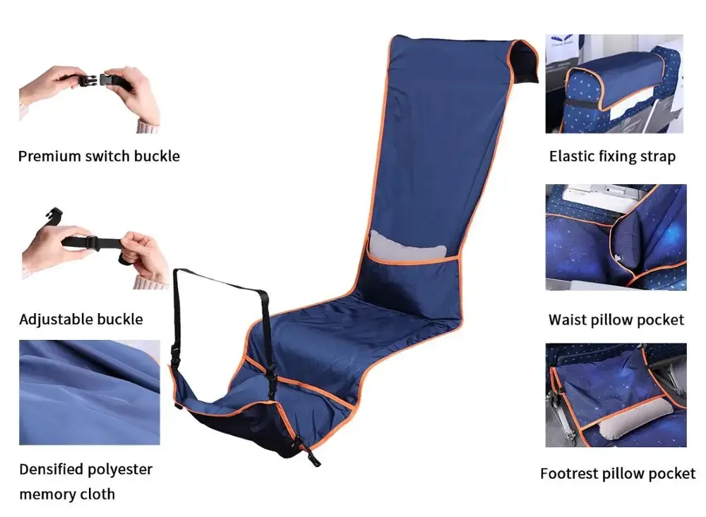 Hamaca con reposapiés ajustable con almohada inflable, funda para asiento, aviones, trenes, autobuses, columpio, silla para exteriores, hamaca de