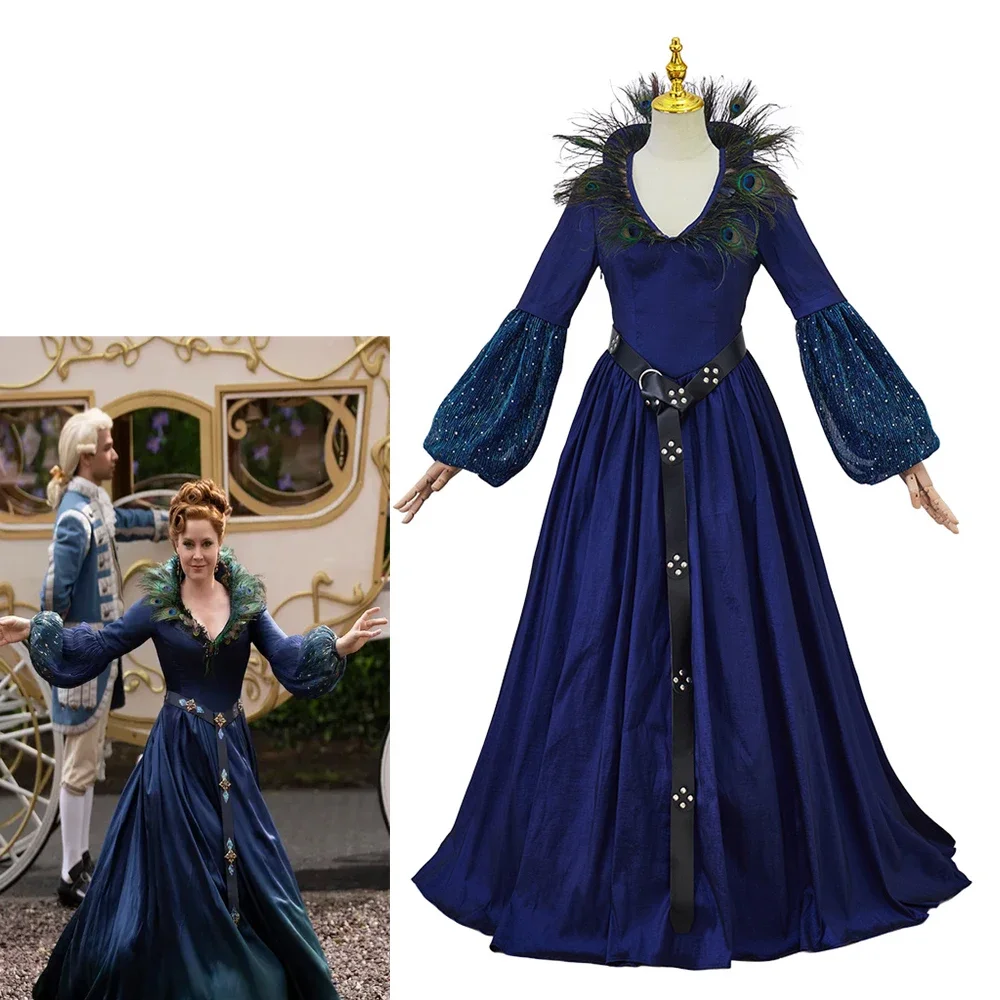 Movie Malvina Monroe Cosplay Costume Women's Blue Peacock Feather Collar Dress Halloween Carnival Party Evil Queen Robe