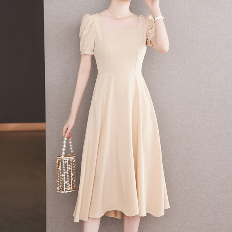 Elegant Dress Women's 2024 Summer New High Waist Slim Fit Gentle Square Neck A-line Dress Fashion Club Party Slimming Long Dress