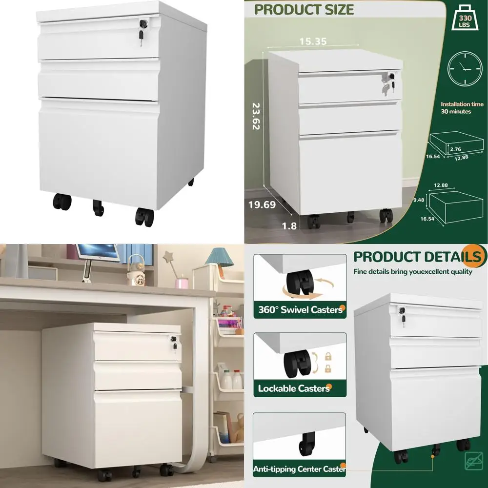 

Mobile Metal File Cabinet with Lock, White Under Desk Storage for Home Office, Deep Drawers for Letter/Legal/A4 Files, Anti-Tip