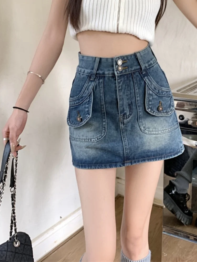 Retro Denim Mini Spódniczka Damska 2025 Nowa Letnia Hot Girl Wąska Spódniczka z Wysokim Stanem