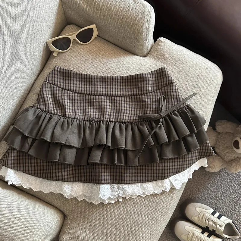 Sweet Girl Women Brown Plaid Mini Skirt - Ruffled Tiered Design with Lace Trim | Bow Detail High-Waist Skirt | Cute Casual Skirt