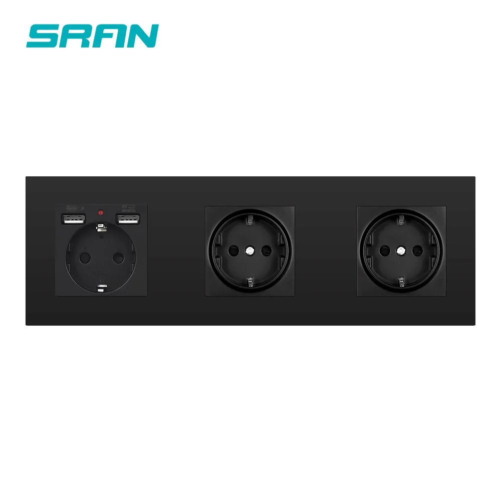 SRAN Wall 3 frame power socket eu grounded electrical plug,socket with usb PC panel 258mm*86mm white/black/gold