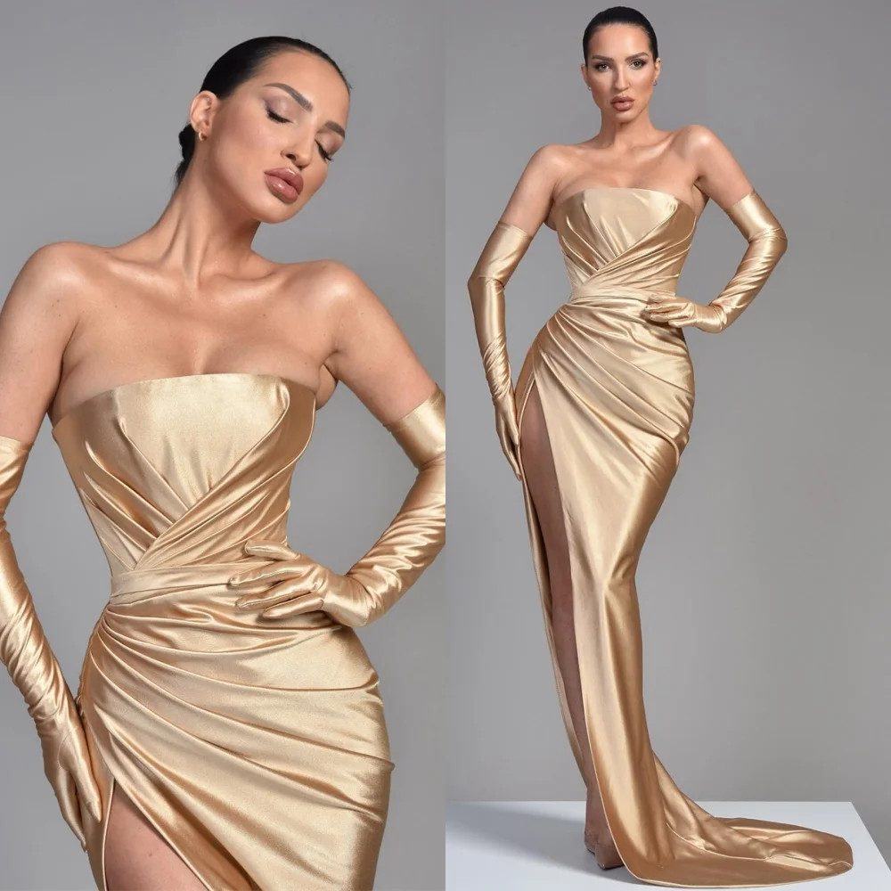 

Customized High Quality Satin Evening Dress Modern Strapless Homecoming Dresses Temperament Lace Up Back Special Occasion Gowns