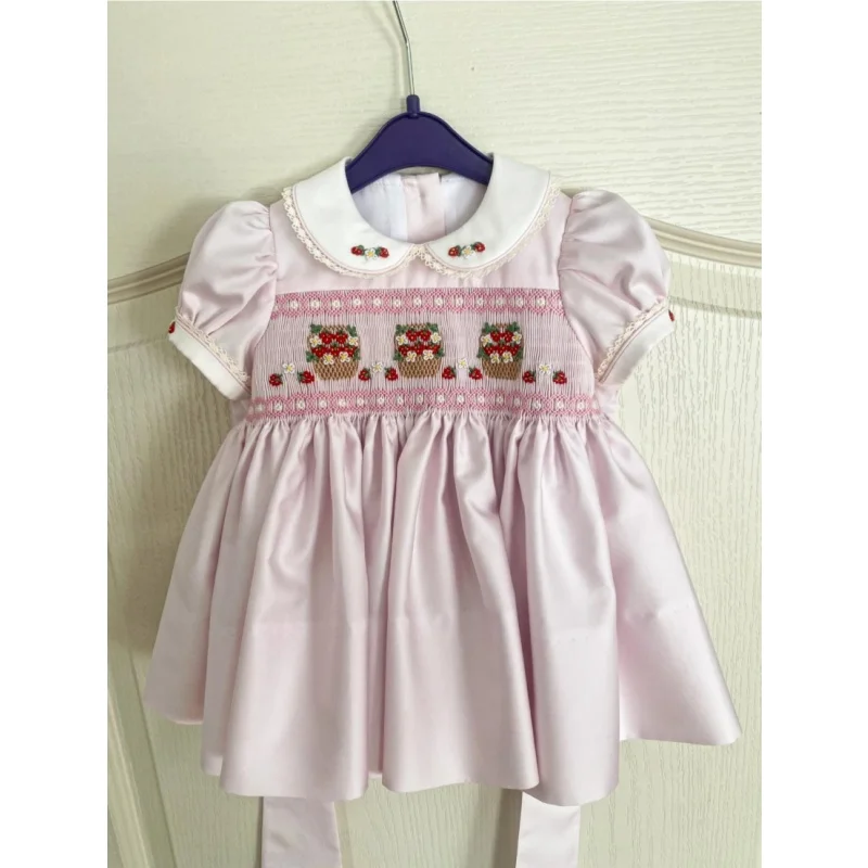 Summer Baby Girl Pink Hand Smocked Strawberry Basket Embroidery Vintage Princess Dress for Party Birthday Photography A352