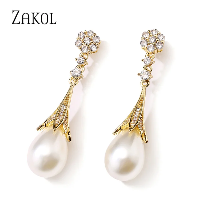 ZAKOL Fashion Pearl Dangle Earrings for Women Gold Color Cubic Zirconia Jewelry Water Drop Wedding Engagement Jewelry  New