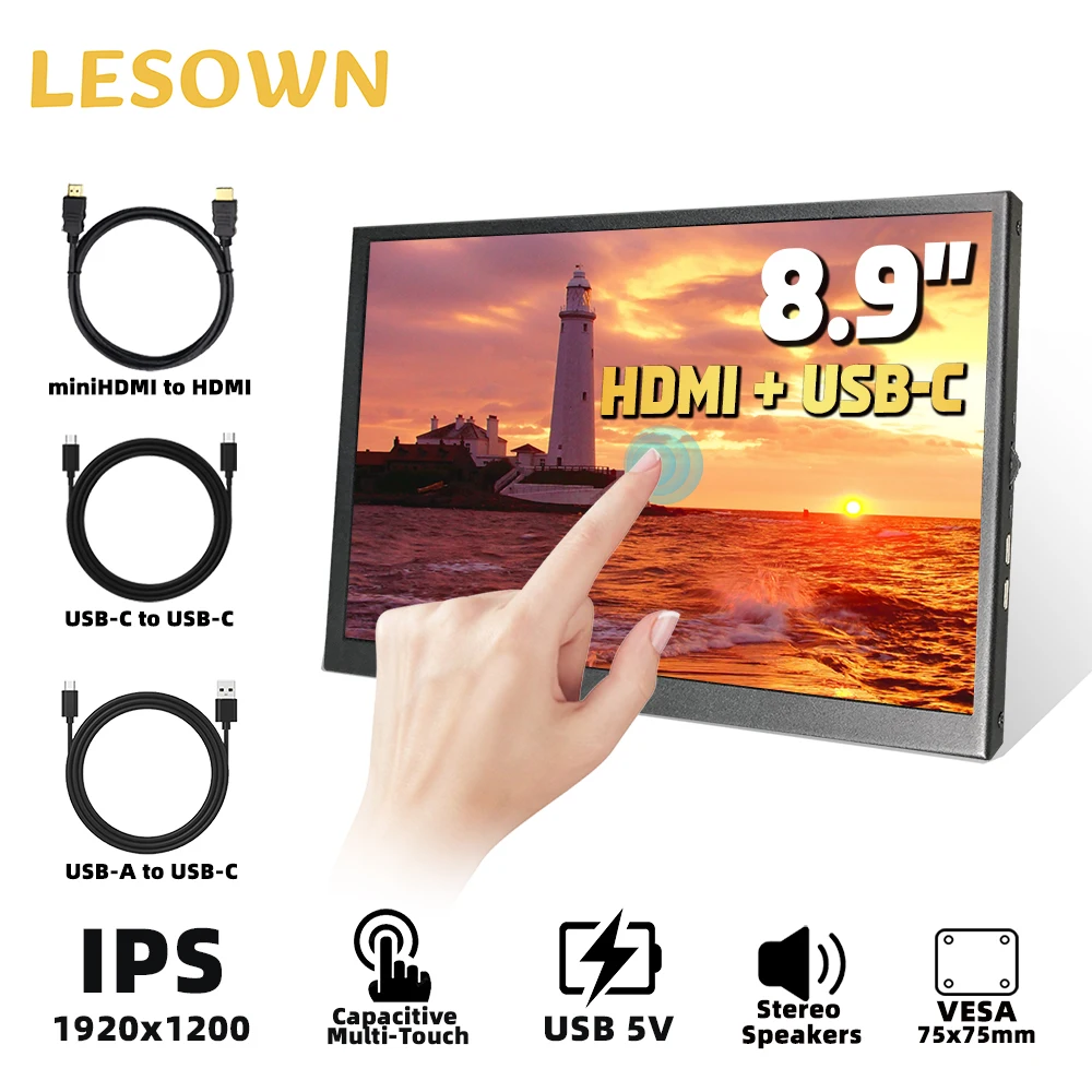 LESOWN 8.9 inch 1920x1200 2K Touch LCD Screen Display 16:10 HDMI USB C VESA IPS Widescreen Monitor with Speakers for Phone PC