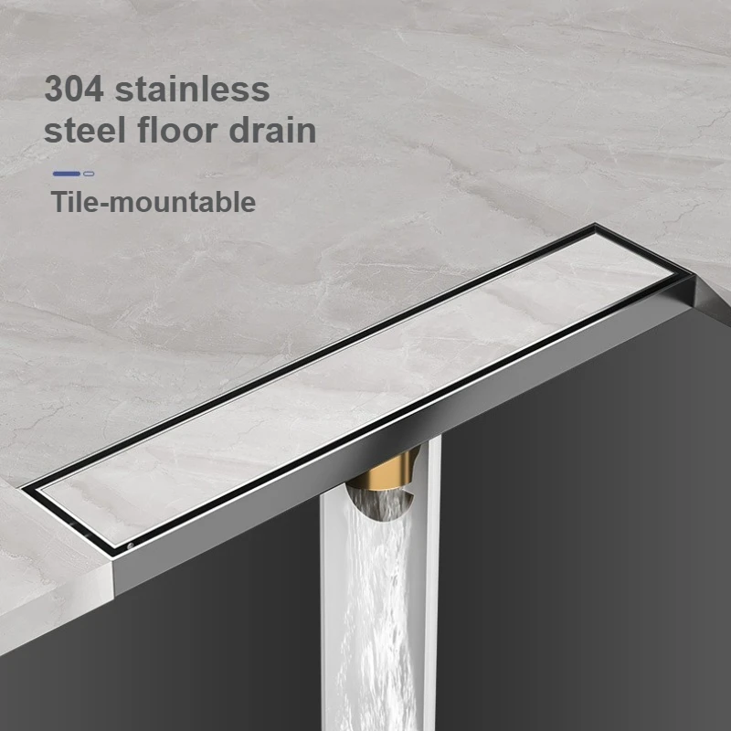 8CM Wide 304 Stainless Steel Invisible Long Strip Shower Drain Gun Grey Odor Proof Tile Insertable For Bathroom
