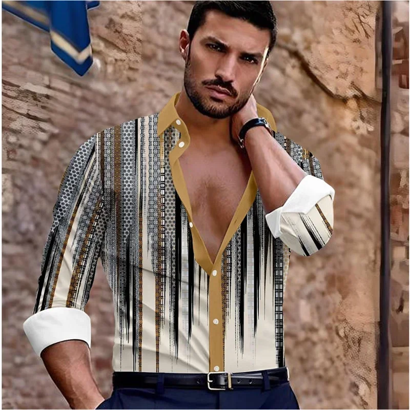 

Abstract Linear Business Casual Men's Printed Shirt Party Street Vacation Spring Summer Lapel Long Sleeve Violet Dark Blue 6XL