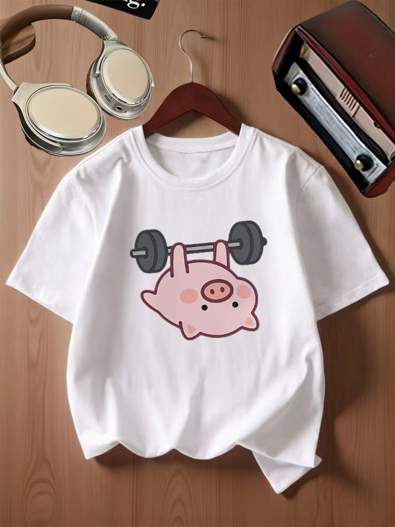 Lovely Funny Weightlifting Little Pink Pig Cartoon Print Kids T Shirt Boys Girls Family Matching Summer Crew Neck Casual Tee