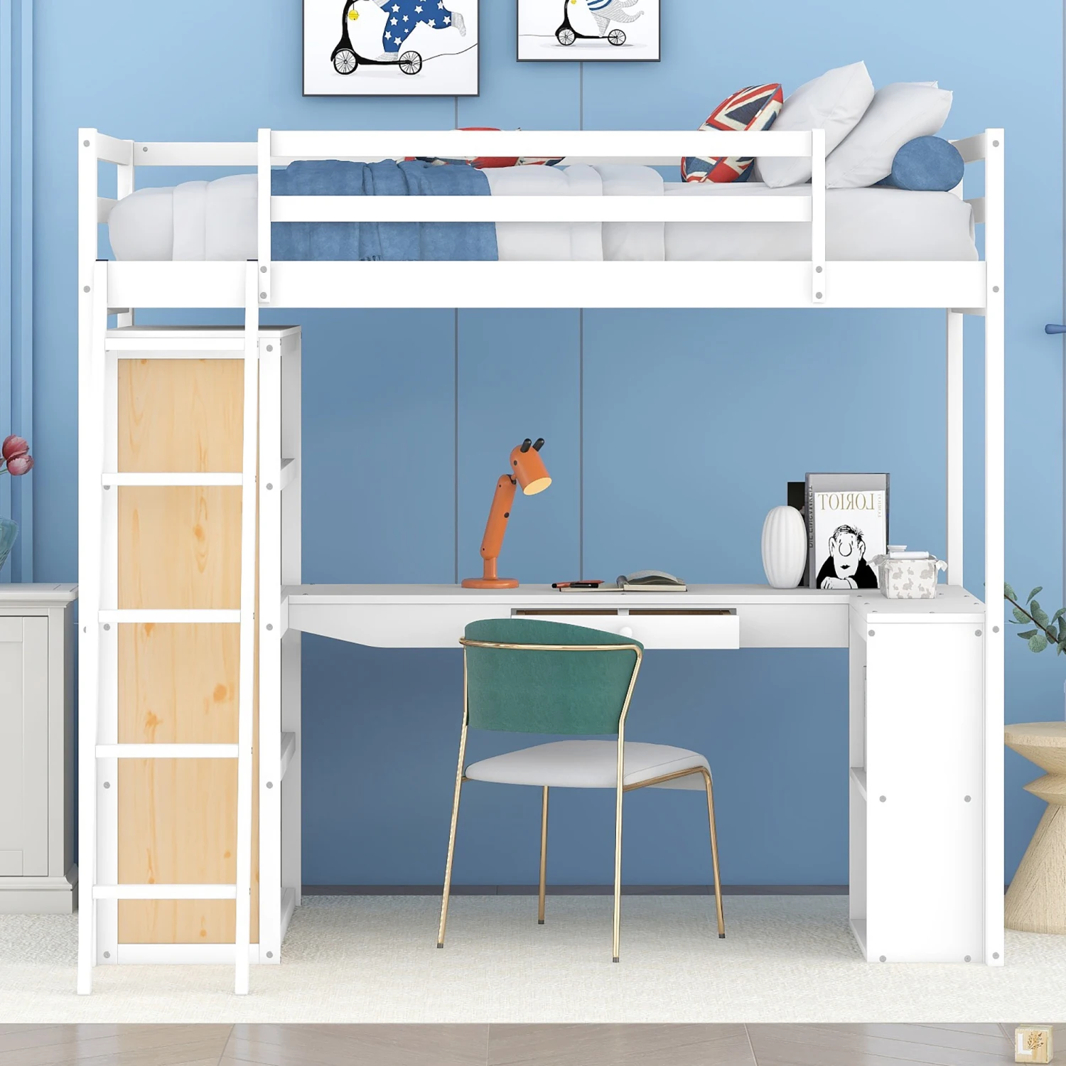 

Twin Size Loft Bed + Ladder, Shelves, Desk, White - Modern Design