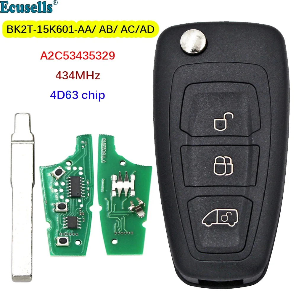 3B Car Remote Key 434MHz 4D63 Chip for Ford Transit Connect Transit Custom 2012-2016 BK2T-15K601-AA/AB/AC/AD A2C53435329 HU101