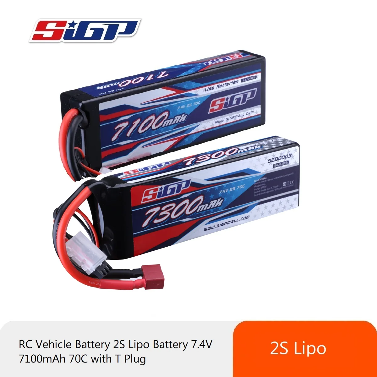 SIGP 2S Lipo Battery for 7100mAh 7300mAh 70C 7.4V Hard Case with Deans T Plug RC Car Truck Boat Vehicles Tank Buggy Racing Hobby