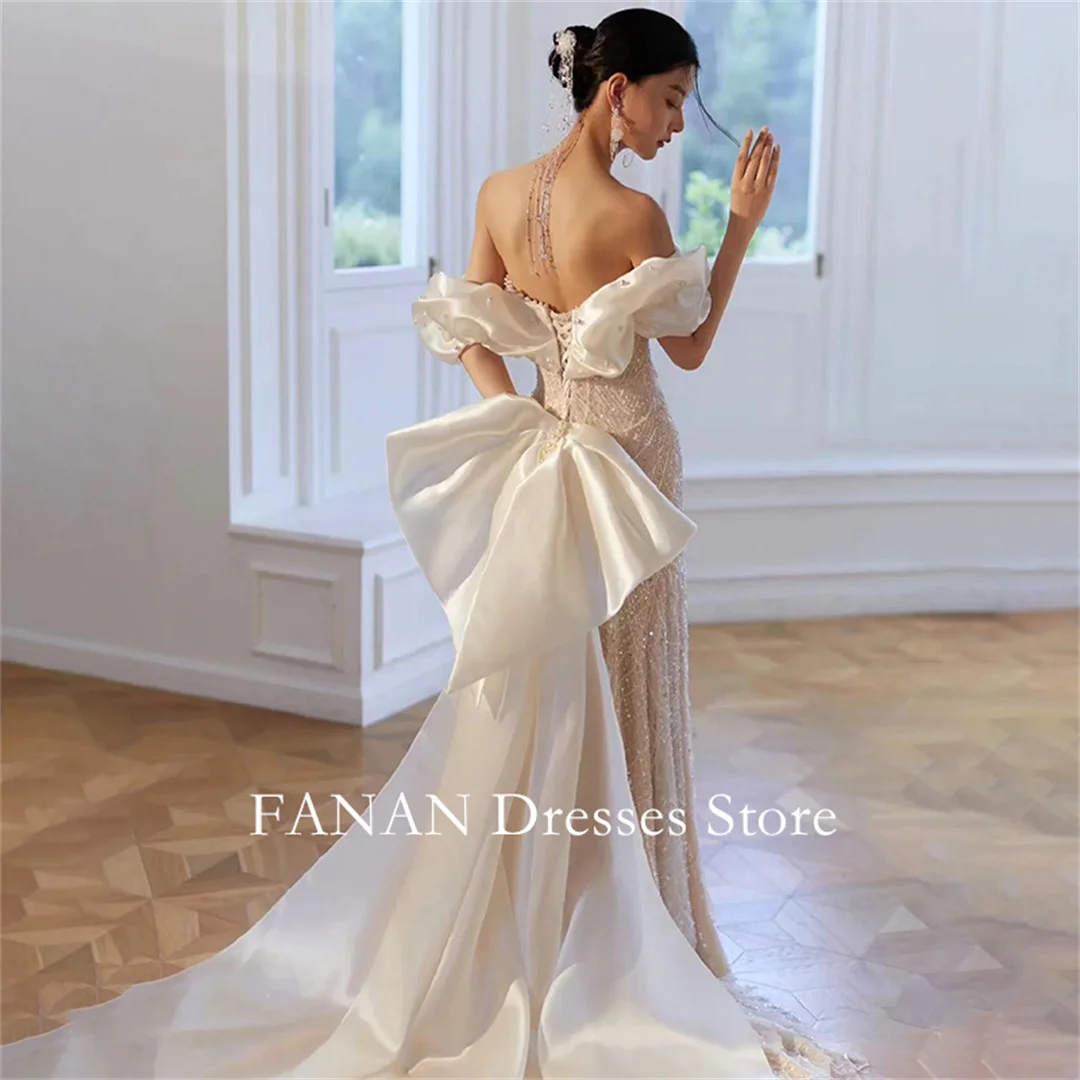 FANAN Korea Suknie ślubne bez ramiączek 웨딩드레스 Pearls Mermaid Vinatge Lace-Up Ruched Short Sleeve Custom Made Bride Gowns Plus Size