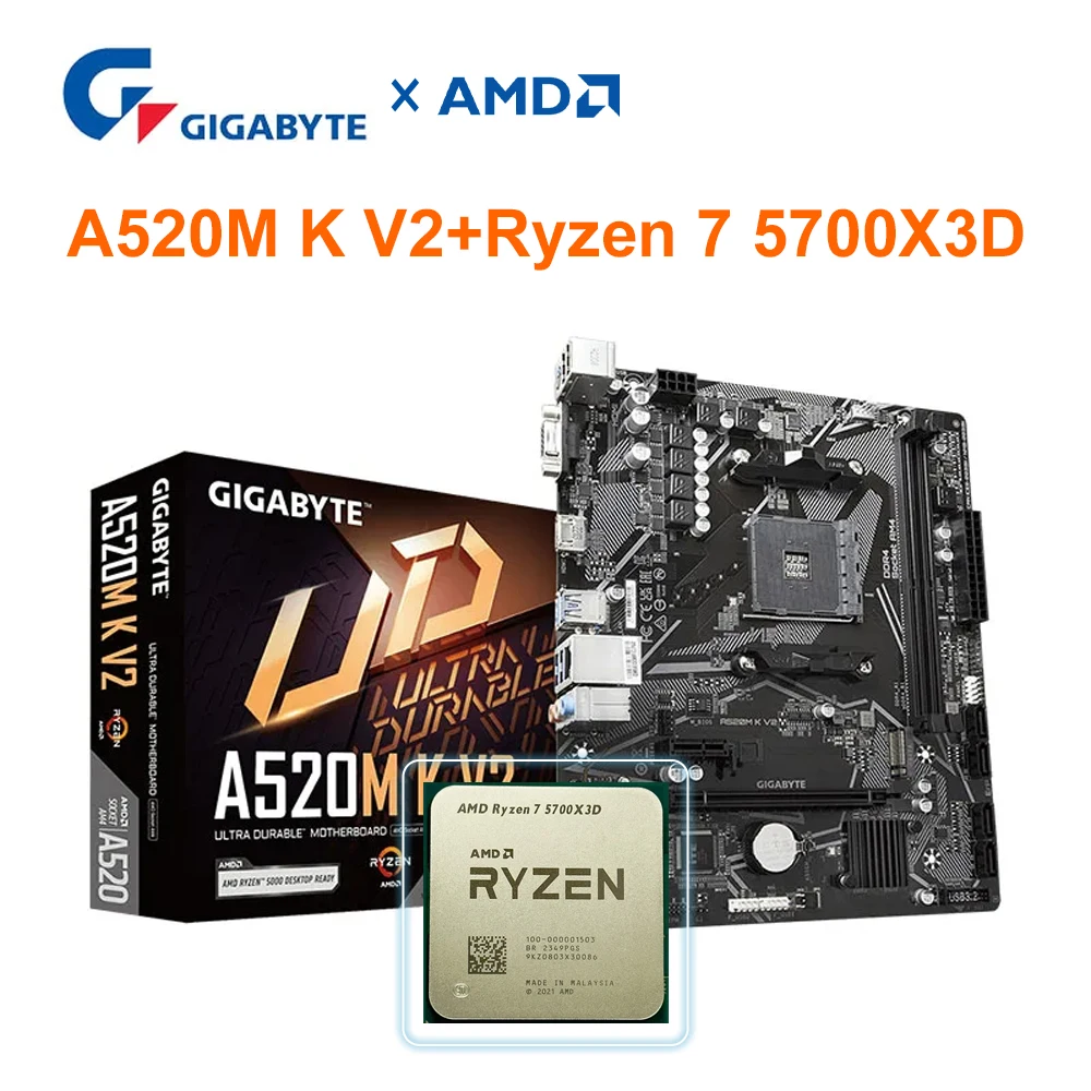 Kit de Placa-Mãe AMD Ryzen 7, 5700X3D + GIGABYTE A520M K V2, DDR4, 64GB, 5100, O.C. Micro-ATX do soquete AM4, 5700X3D, grupo A520