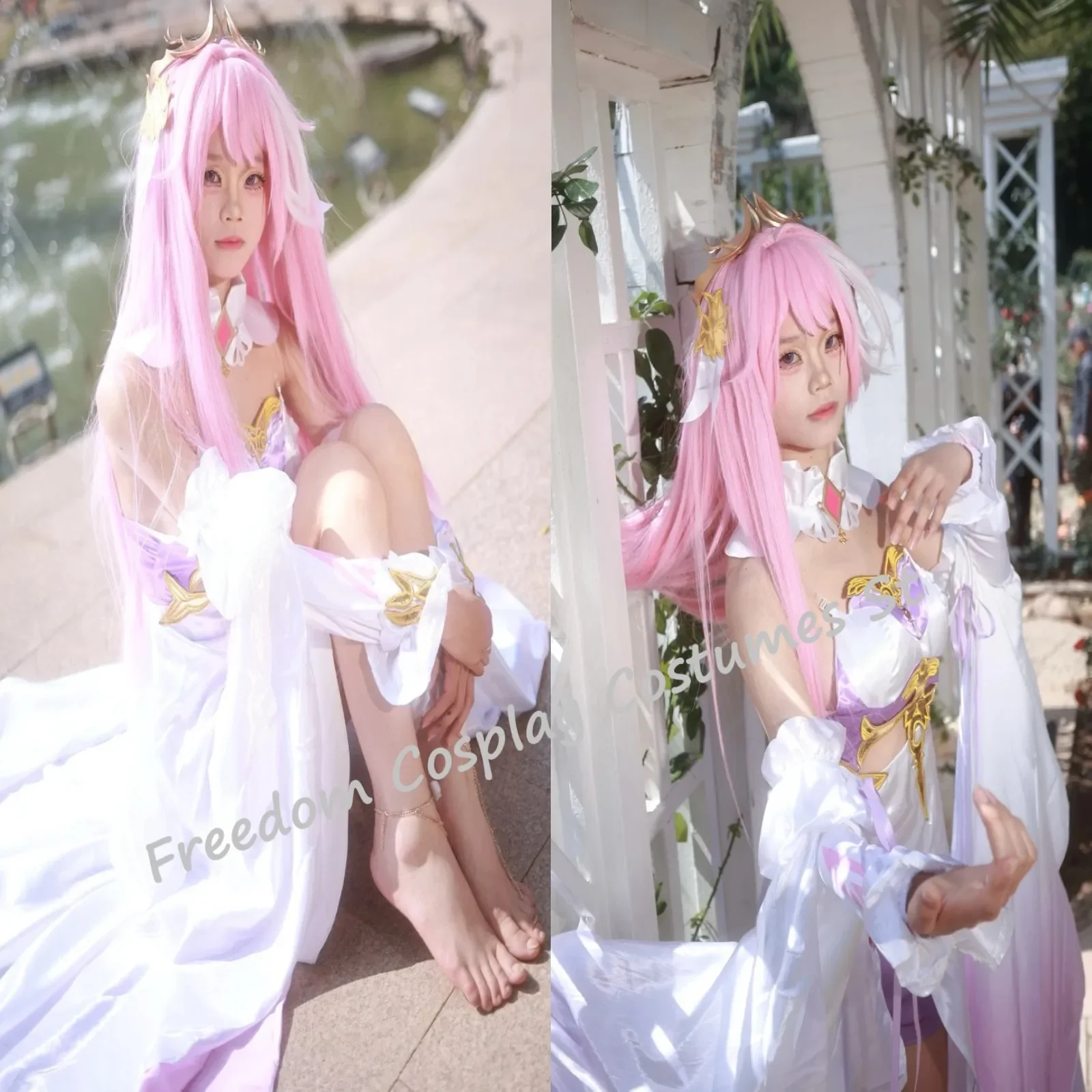 Gra Honkai Impact 3 Cosplay Elysia kostium nakrycia głowy anioł powraca proszek biała suknia wieczorowa peruka kobieta karnawałowe spódnice garnitur