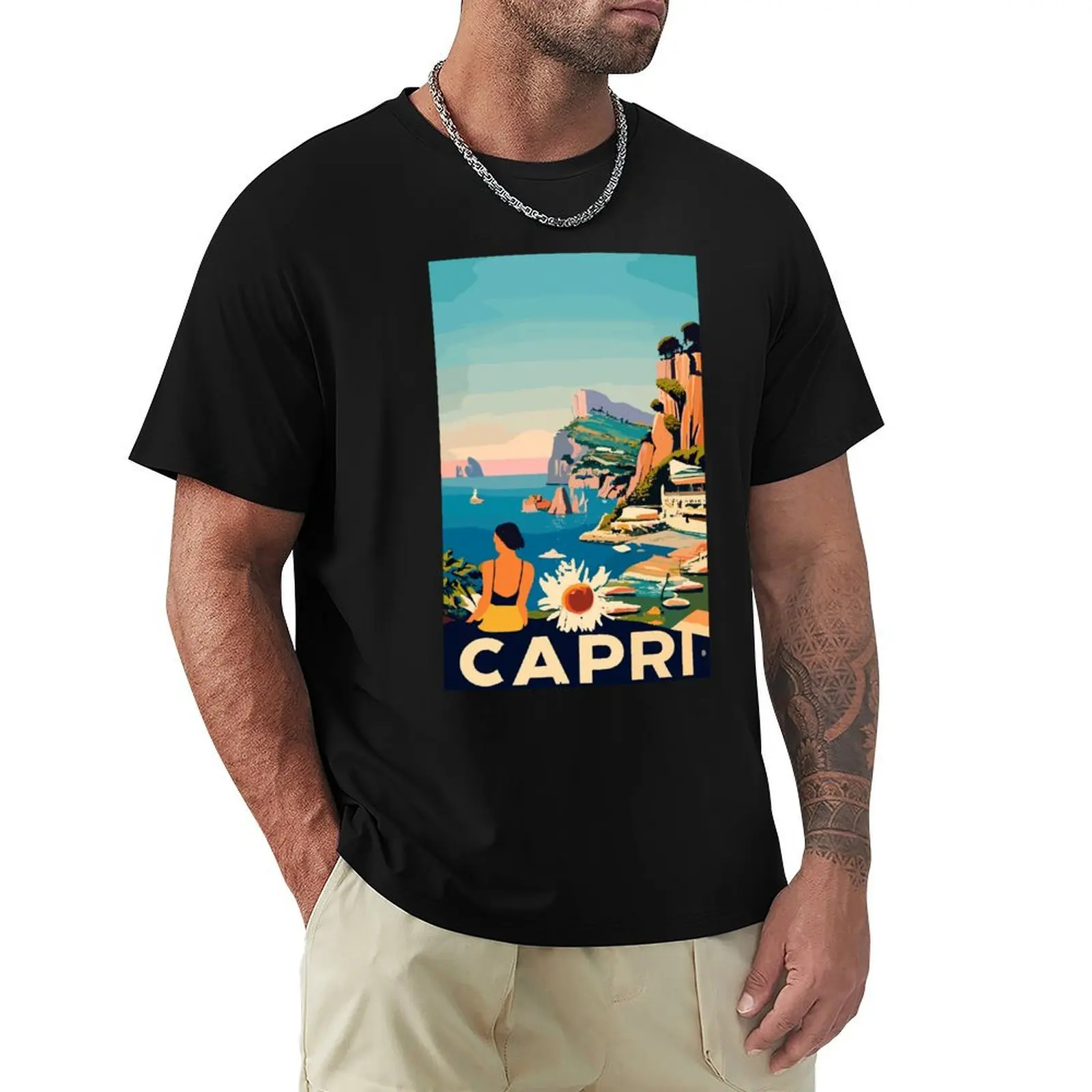 A Vintage Travel Art of Capri - Italy T-Shirt Work Utility Short Sleeve Shirt