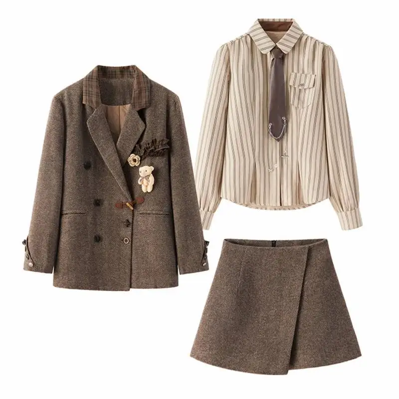 

[Модернизированная версия с мягкой подкладкой и утолщенной] [Набор из трех предметов] Кофейный костюм для колледжа с длинными рукавами и пуговицами Темпераментный костюм для поездок на работу