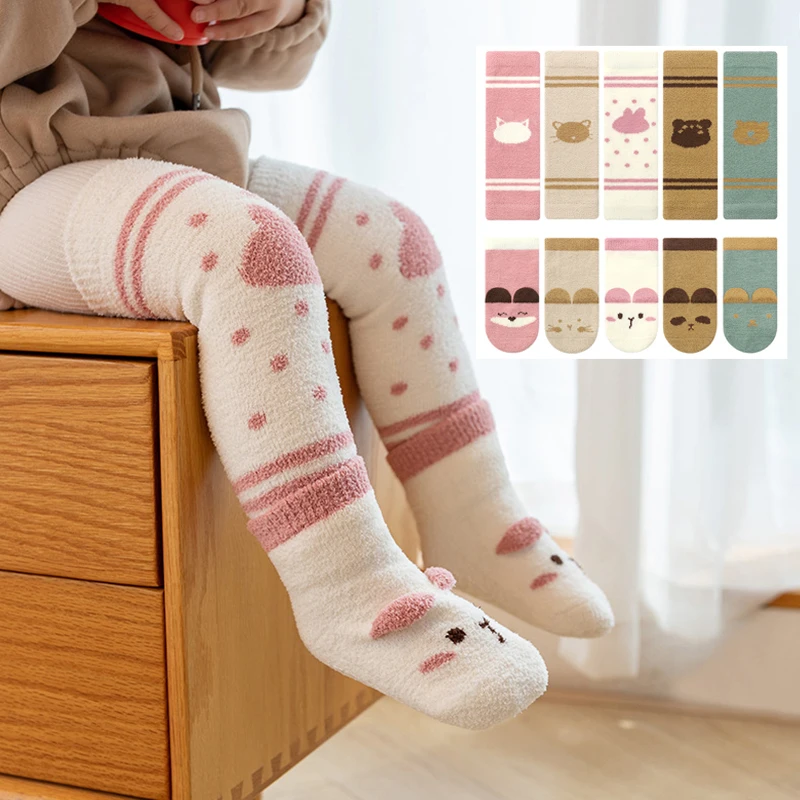 

Cute Cartoon Kids Long Leg Warmers Anti-Slip Floor Socks Set Winter Warm Stocking Leggings for Baby Toddlers Boys & Girls