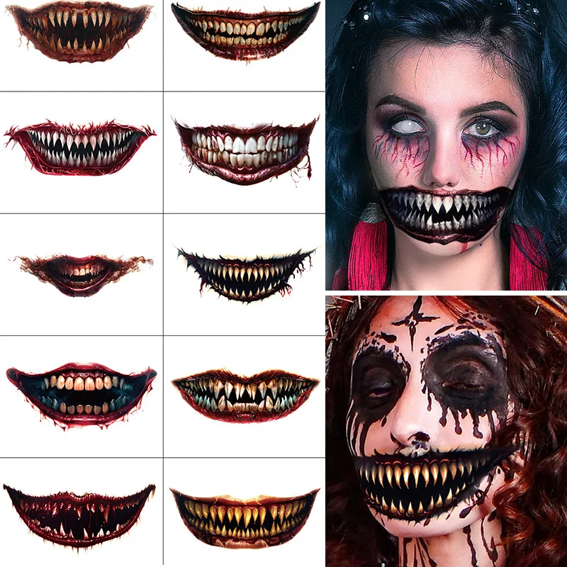 20 PCS Scary Big Mouth Temporary Tattoo,2024 Halloween Realistic Face Stickers, Multiple Sizes Clown for Adults Kids