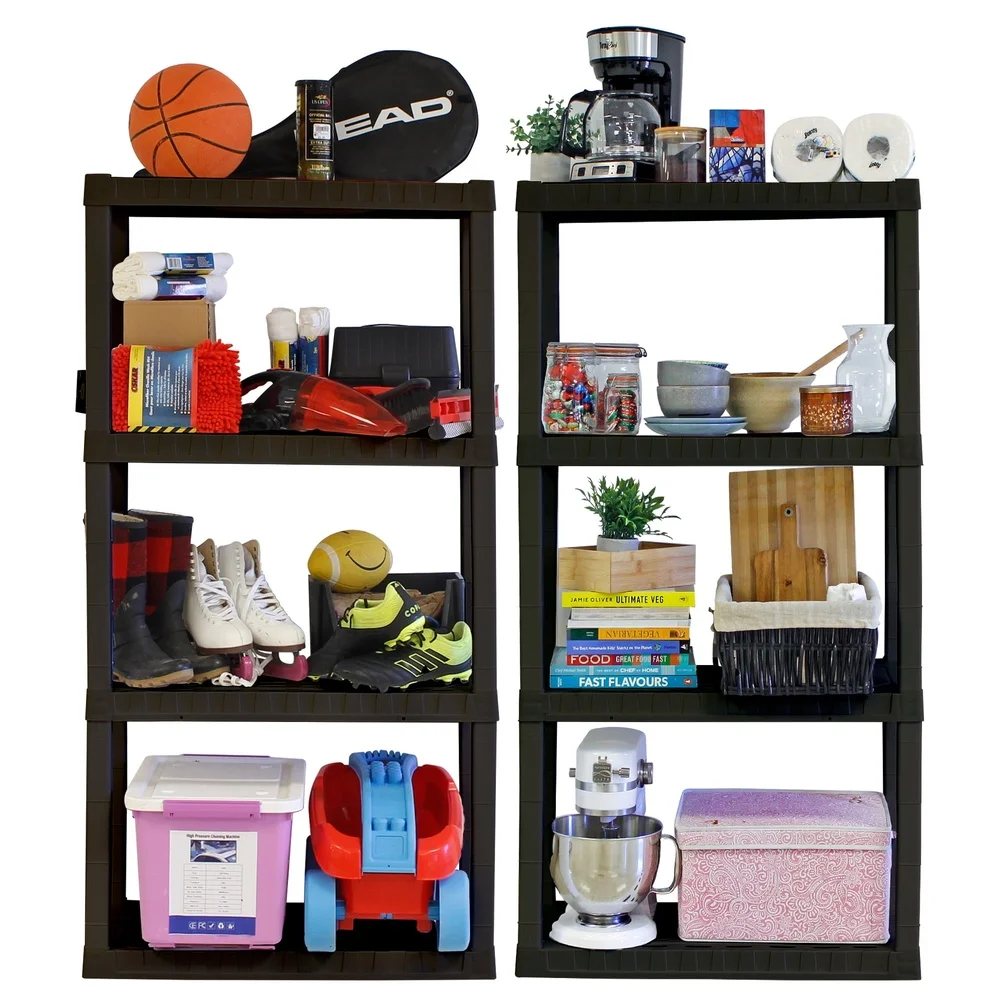 Multipurpose Plastic Garage Storage Rack 4-Tier Heavy-Duty Organizer Tool-Free Assembly Ventilated Shelves Space-Saving Design