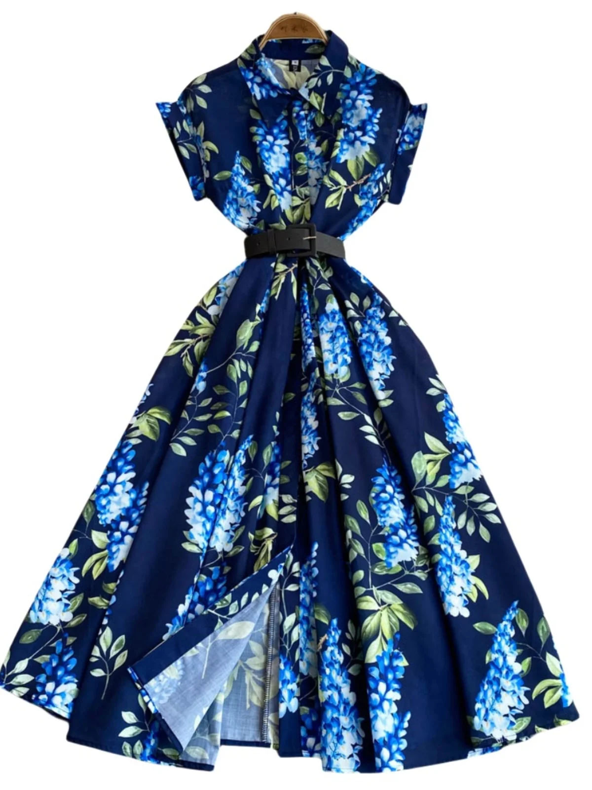 Printemps 2025 minceur imprimé fleuri longue Dr col montant taille froncée jupe trapèze coréen Sle trajet taille haute ort S...