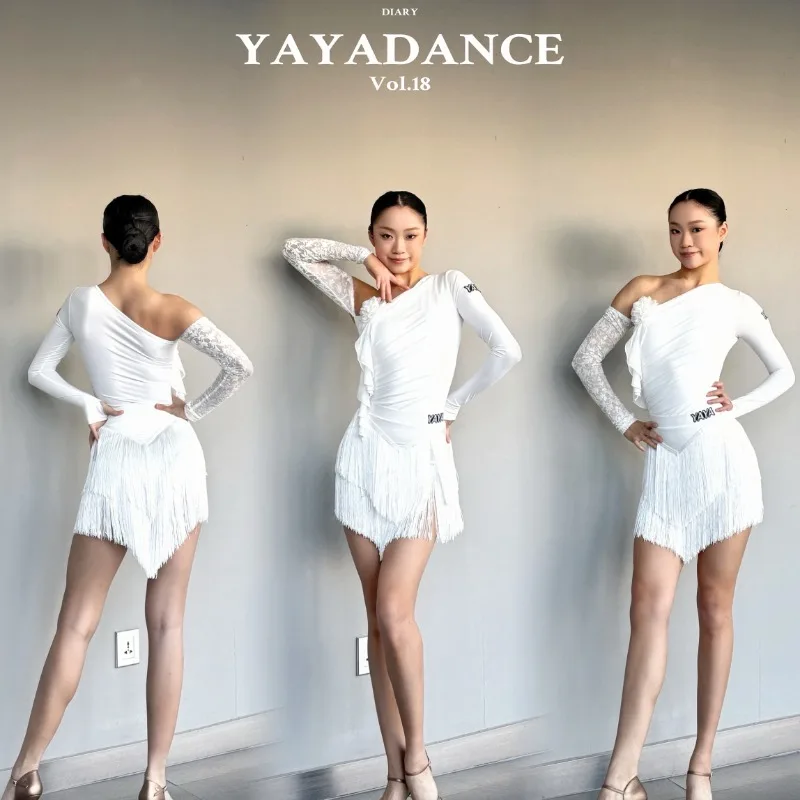 

Платье для латинских танцев по индивидуальному заказу, тренировочная одежда, одежда для выступлений, конкурсная белая юбка с длинными рукавами и кисточками