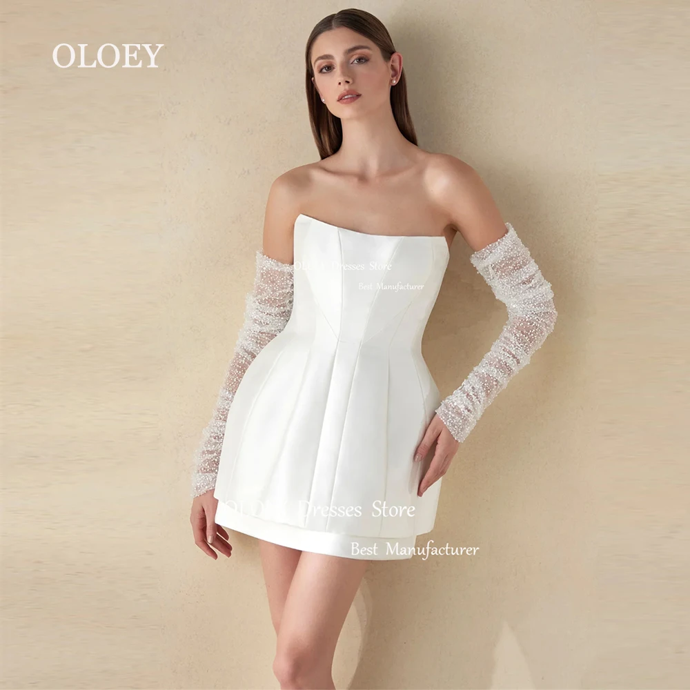 

OLOEY Elegant Strapless Short Wedding Dress With Beads Detachable Gloves Bridal Gown Pleats Tiered Satin A Line Zipper Back