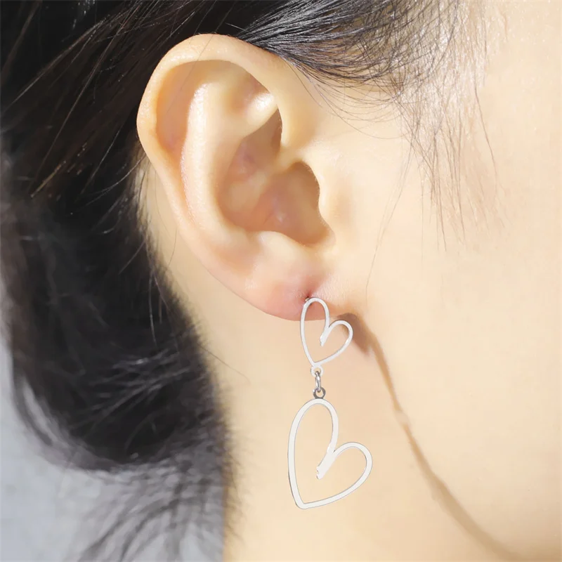 Two Hearts Stainless Steel Hoop Earrings For Women Fashion Gold color Sweet Simple Heart Dangle Stud Earring Trend Jewelry Gift