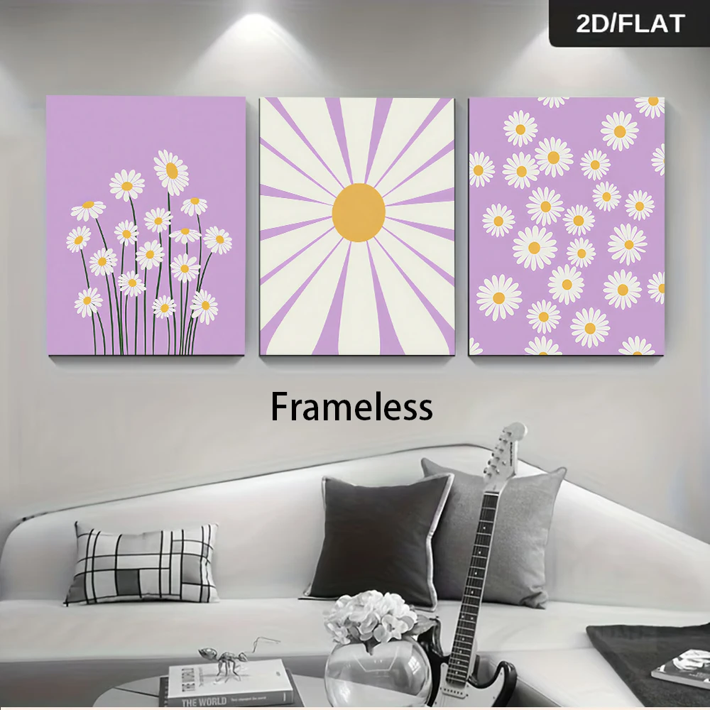 1 set of three frameless decorative paintings, modern minimalist daisy floral decorative paintings, 2D flat design.