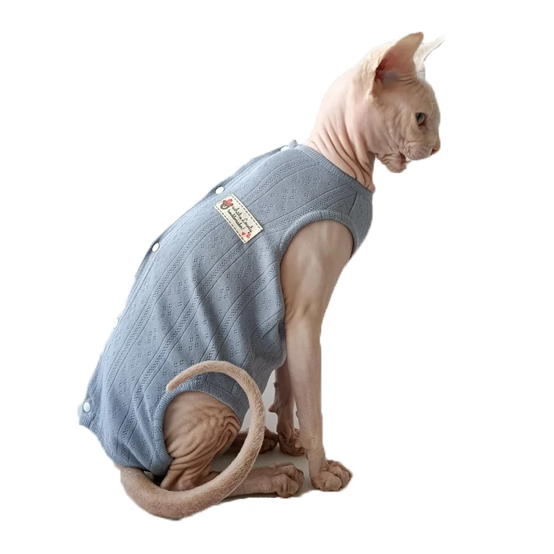 

Breathable Cotton Cat Surgical Recovery Suit Anti-Lick Protective Clothing for Sphynx Devon Rex Cats Summer 4Legs Hypoallergenic