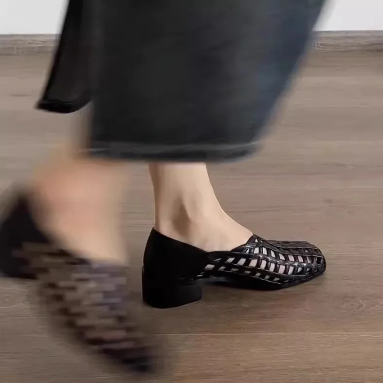 

Women Mesh Sandals High Heels 2025 New Fashion Block Heel Ballet Shoes Pumps