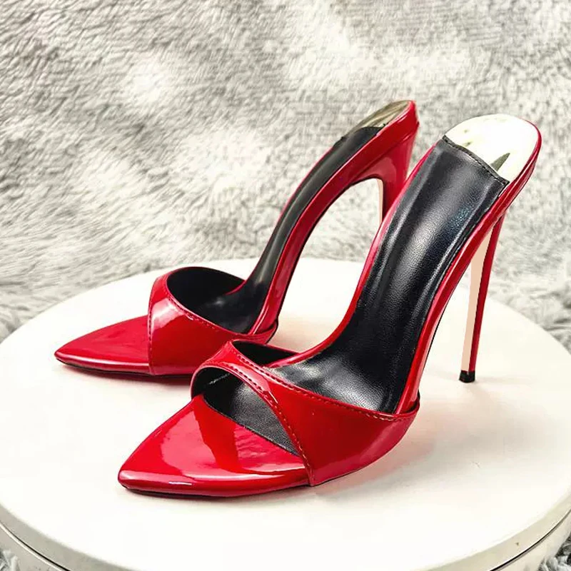 

Сексуальные красные женские тапочки с открытым острым носком на очень высоком каблуке 12 см, модная уличная обувь для вечеринок, женские сандалии 10 см LX055