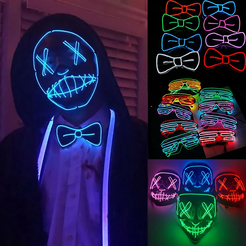 

Glow Party Decor LED Neon Glasses Luminous Mask Flashing Bow Tie Halloween Decoration Masquerade Festival Party Costume Supplies