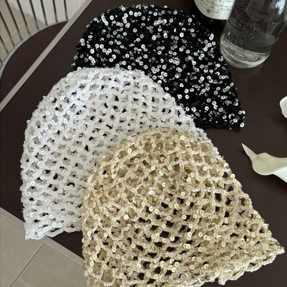 Gorro tejido con lentejuelas vintage informal Y2k, sombrero de cubo con lentejuelas huecas, gorro de punto fino, sombreros de verano