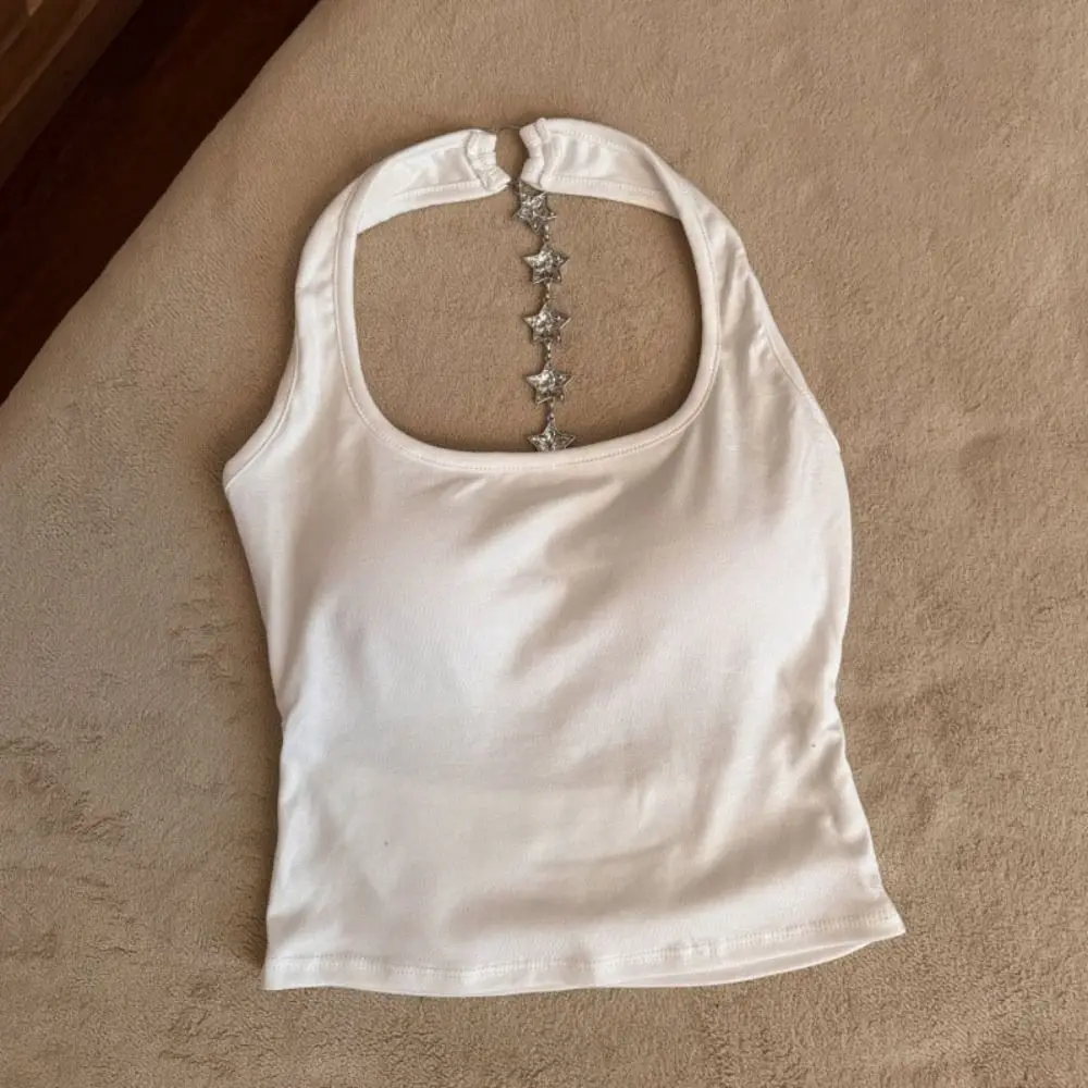 

Fashion Star Strap Back Hollow Crop Tops Short Solid Color Sleeveless Camisole With Chest Pads Streetwear Slim Y2k Crop Top Club