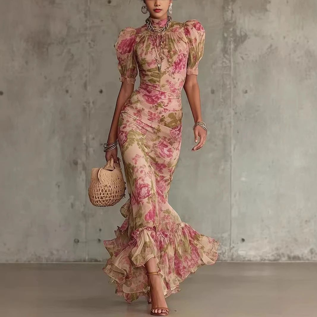 Boho Floral Chiffon Maxi Dress, Elegant High Neck Puff Sleeve Mermaid Gown with Ruffle Hem, Perfect for Evening Parties & Events