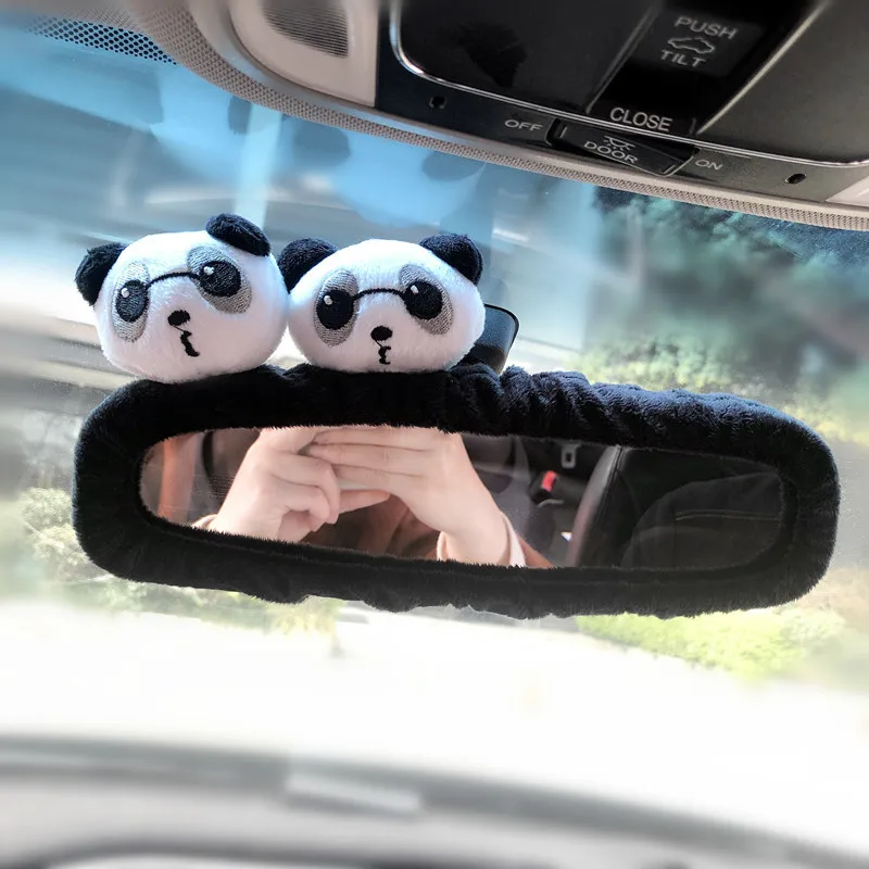 Creative Cute Panda Devil Horns Bow Doll Car Mirror Cover Decoration New Cartoon Animal Reverse Mirror Car Interior Accessories