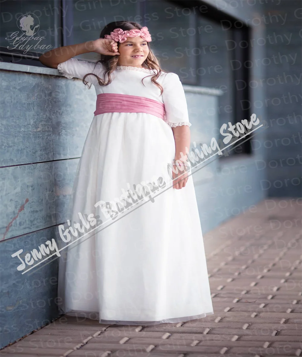 2025 New Vintage Girl Dress Lace With Bow Tulle Pink Belt First Communion Child Wedding Bridesmaid Christening Festival Dress