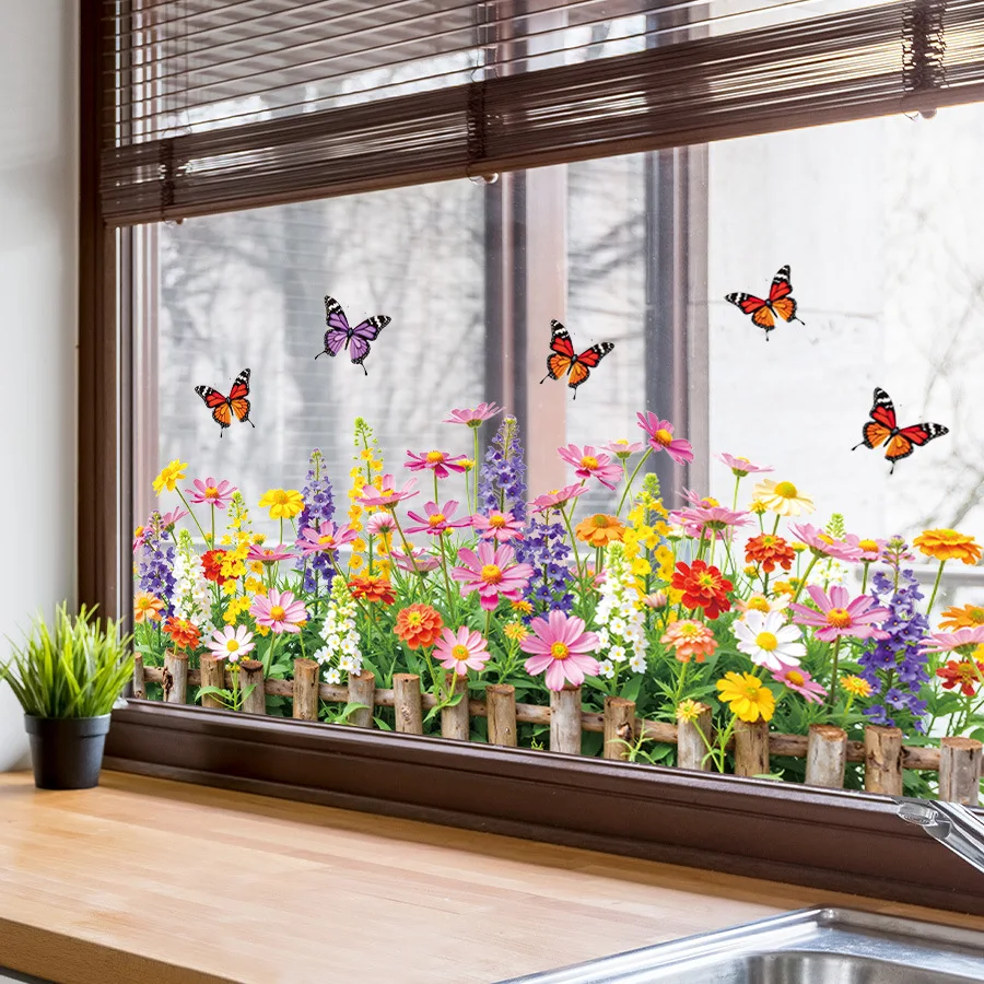 Blumen- und Schmetterlings-Fensteraufkleber, Abnehmbare Frühlings-Blumen-Fenstersticker, Fensterdekoration für Glasfenster, Schlafzimmer, Büro