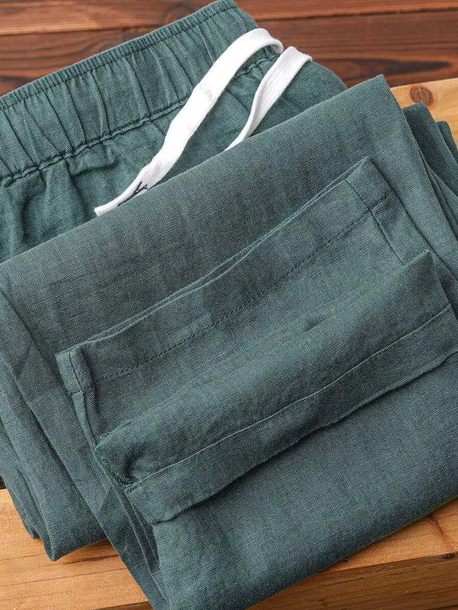 Lightweight Breathable Pure Cotton Linen Men's Pants Sweat Absorbent Straight Leg Casual Trousers Clean Fit Style Autumn Wear