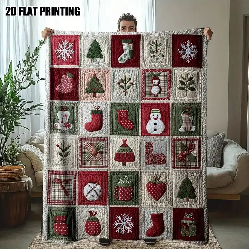 VIKAMA Christmas Patchwork Throw Blanket with Snowman Stocking Tree Snowflake Xmas Blanket for Couch Bed Winter Home Decor