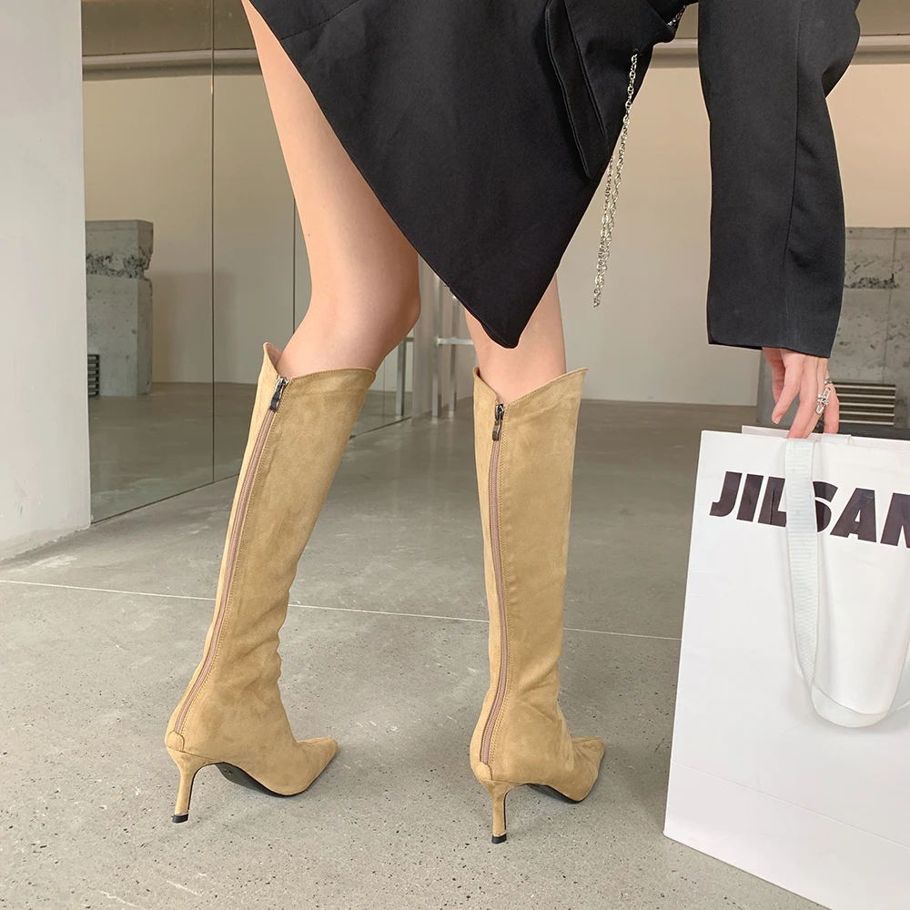 Pointed Toe Women Knee High Boots 2023 Chelsea Booties Thin High Heels Back Zipper Flock Black Beige Dress Shoes Winter Pumps