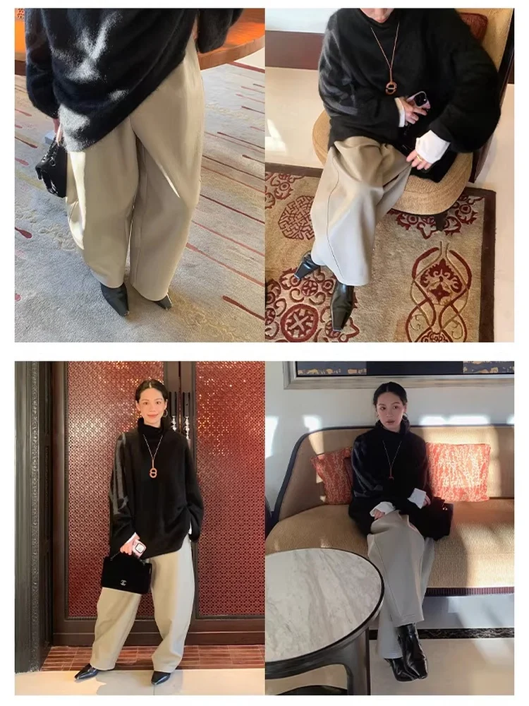 

Reversible Protein Leather Vintage Feeling Shaped Women's Pants Elastic Waist Loose Long Trousers Simple Commute Style